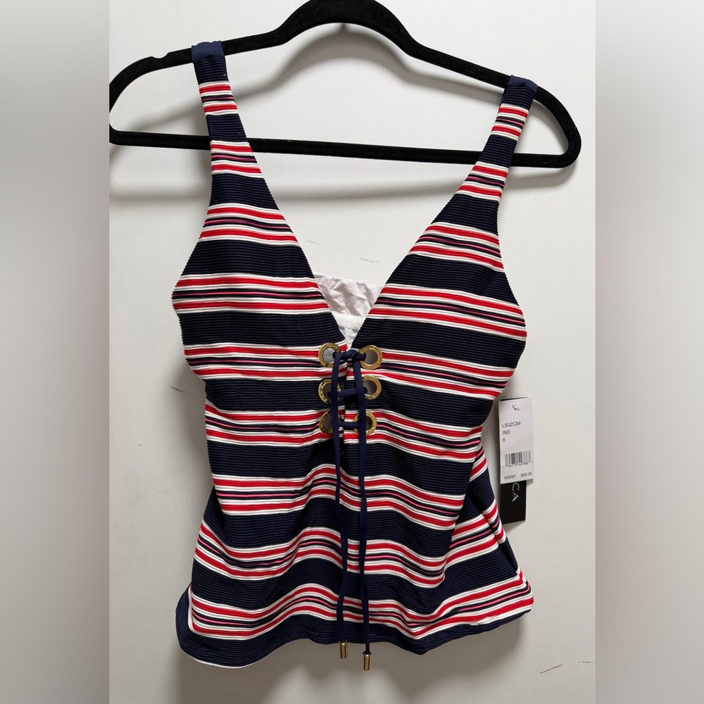 NWT La Blanca Sailor Stripe Lace-Up Ribbed Tankini Top Sz 8 Resort Beach Cruise